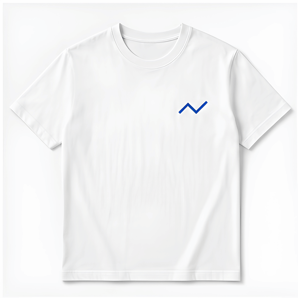 White t-shirt with a blue geometric design on a white background