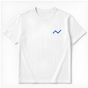 White t-shirt with a blue geometric design on a white background