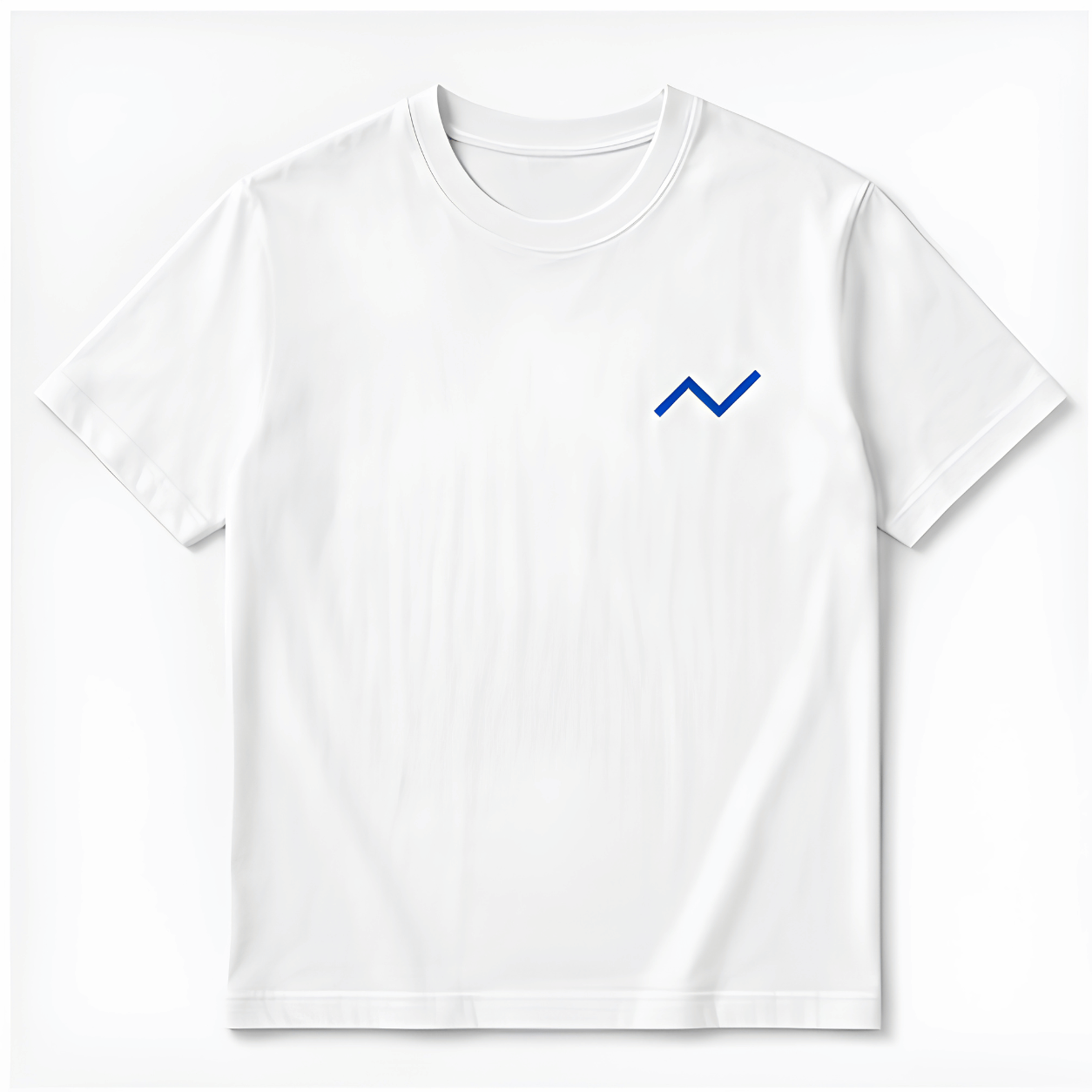 White t-shirt with a blue geometric design on a white background