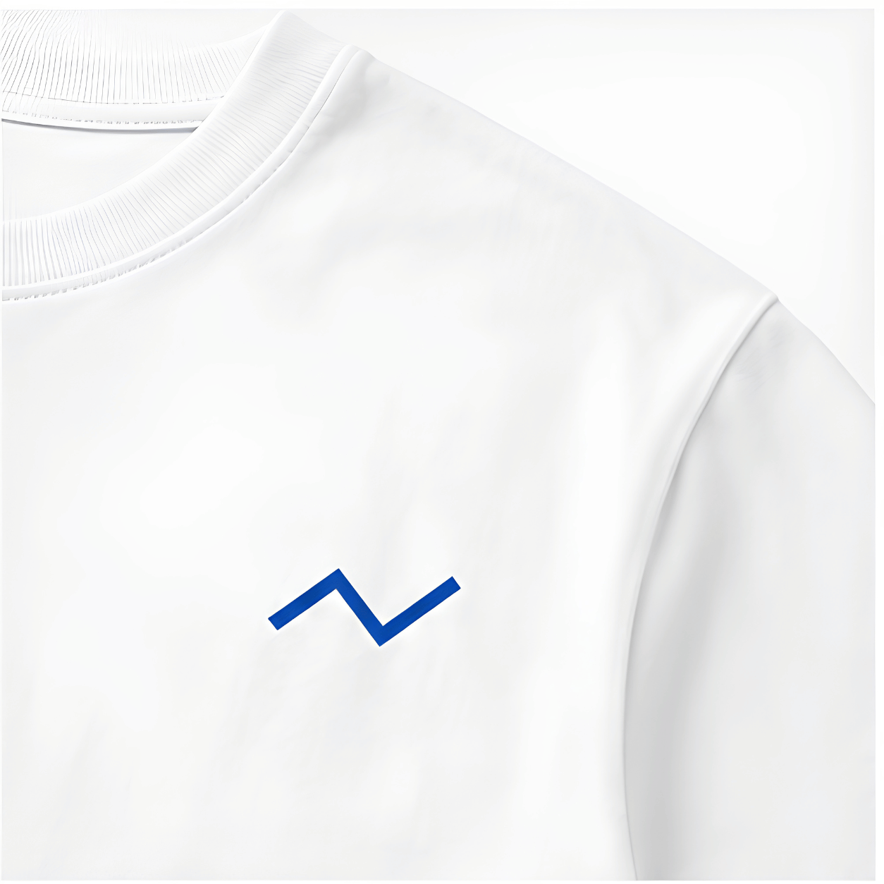 White sweatshirt with a blue logo on a white background