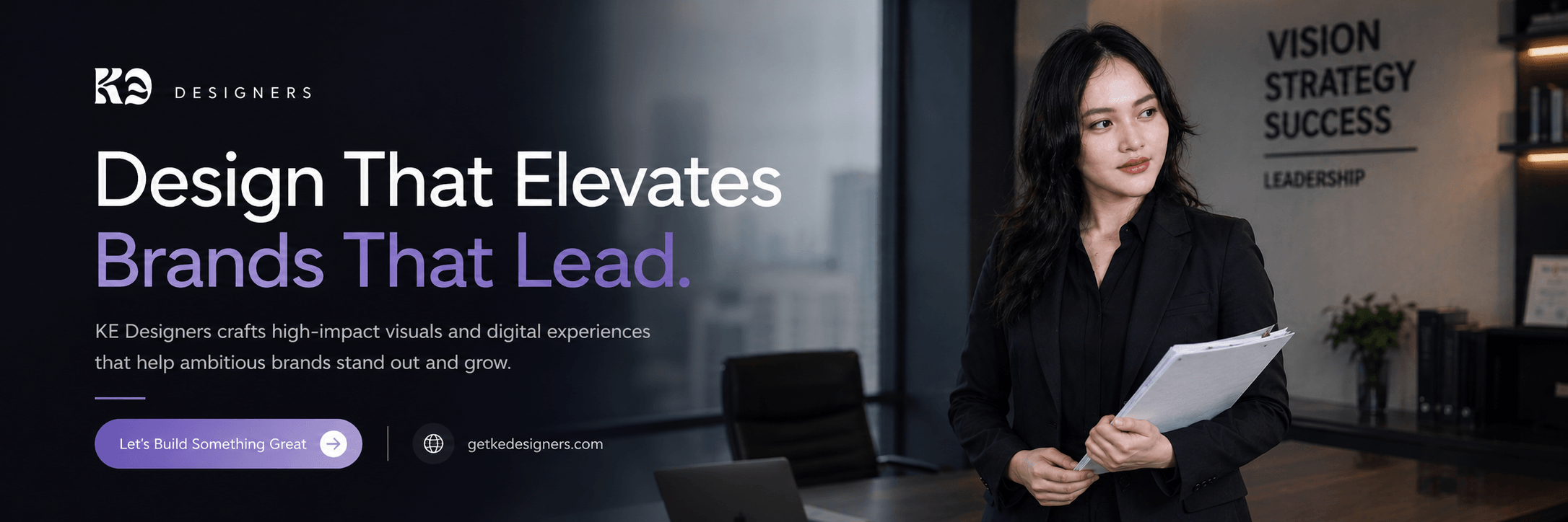 Woman holding a tablet in an office setting with KE Designers branding.