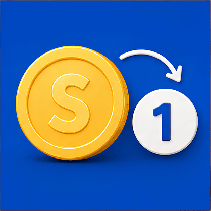 Gold coin with a 'S' symbol and a white circle with the number '1' on a blue background