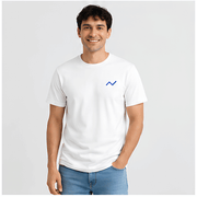 Man wearing a white t-shirt with a blue logo on a light gray background