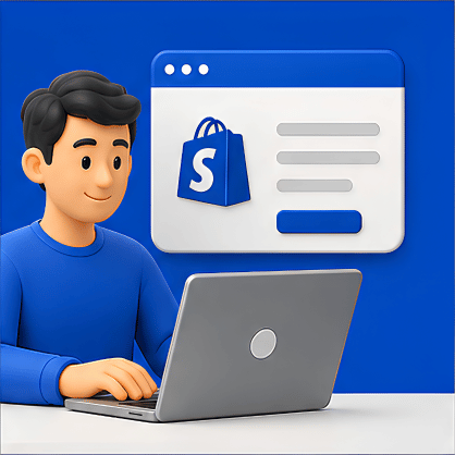 Person using a laptop with a blue background featuring a shopping bag icon and a website interface.