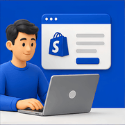 Person using a laptop with a blue background featuring a shopping bag icon and a website interface.
