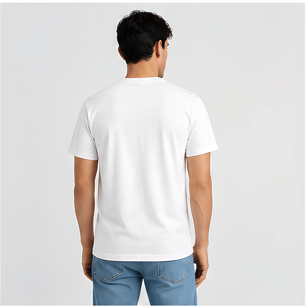 Person wearing a plain white t-shirt on a light gray background