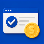 Browser window with a check mark icon and a gold coin on a blue background
