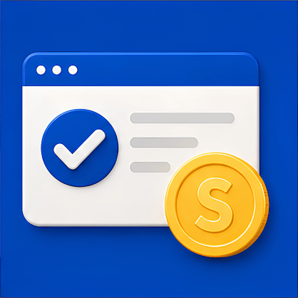 Browser window with a check mark icon and a gold coin on a blue background