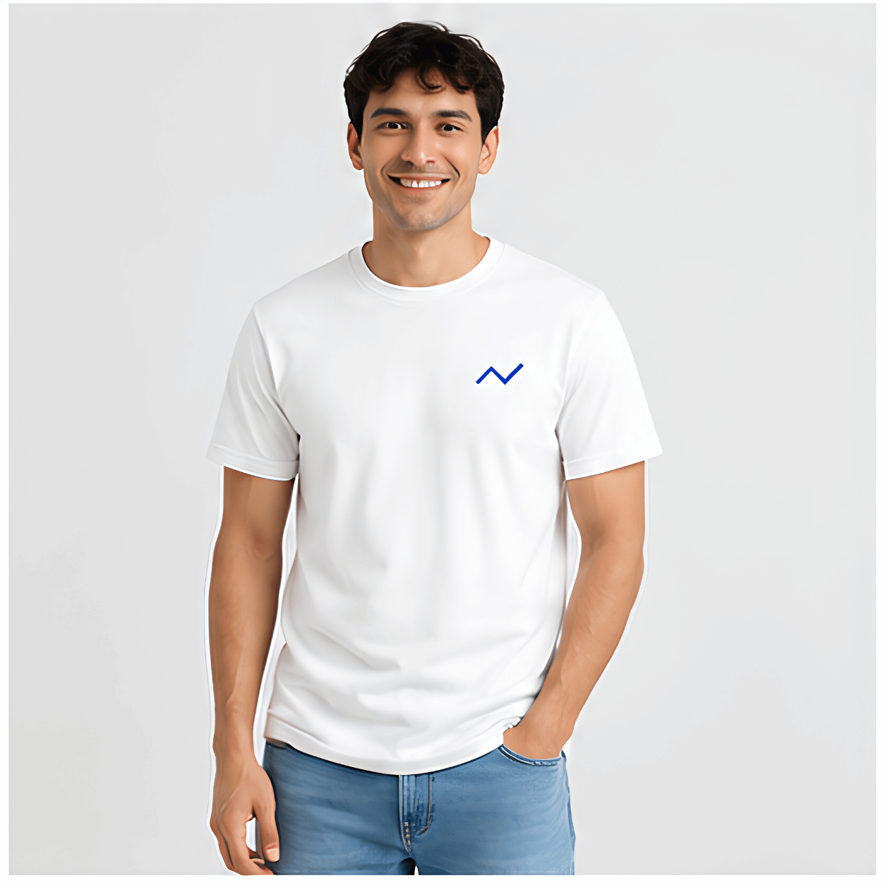 Man wearing a white t-shirt with a blue logo on a light gray background