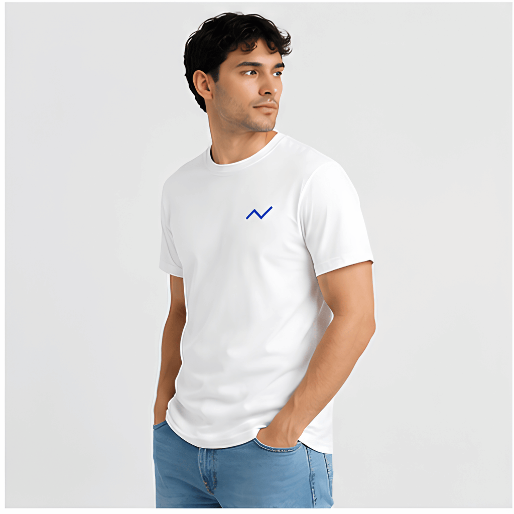 Man wearing a white t-shirt with a blue logo on a light gray background
