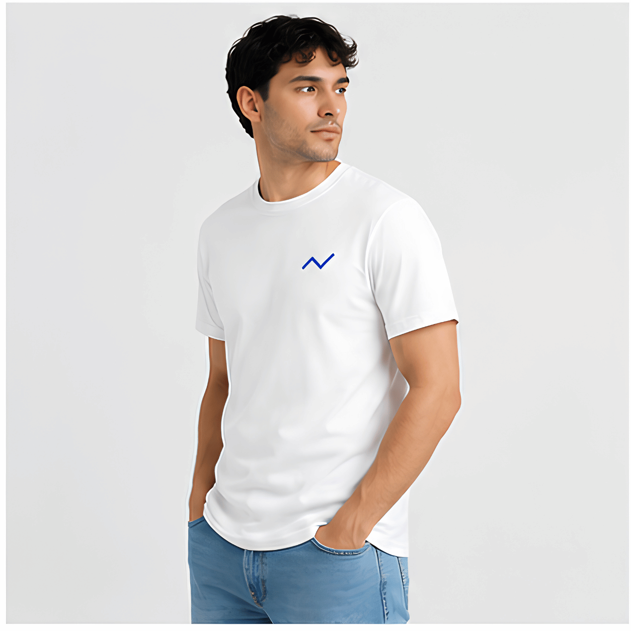 Man wearing a white t-shirt with a blue logo on a light gray background