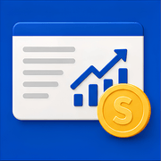 Graph with an upward trend and a gold coin with a dollar sign on a blue background
