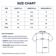 Size chart for shirts with measurements in inches
