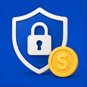 White shield with a lock and a gold coin with 'S' on a blue background