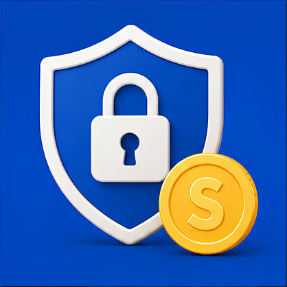 White shield with a lock and a gold coin with 'S' on a blue background