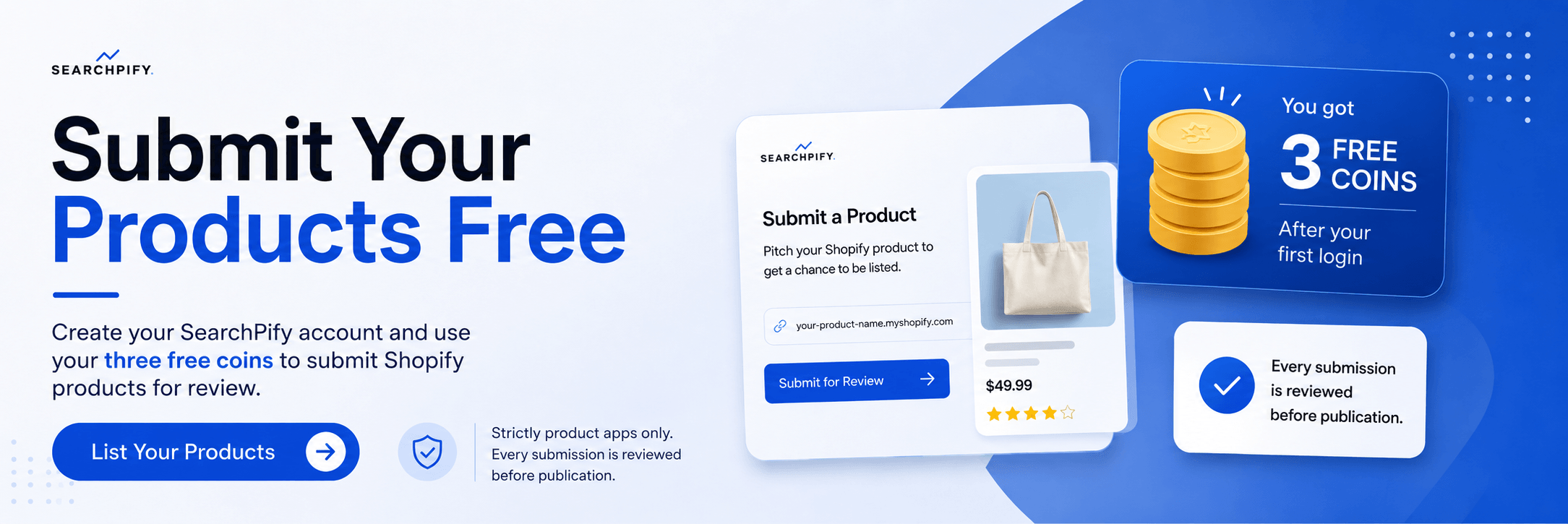 Promotional graphic for SearchPify with laptop displaying product submission interface and free coin offer.