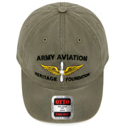 Green Army Aviation Heritage Foundation Dad Hat - SearchPify - Green cap with 'Army Aviation Heritage Foundation' logo and 'OTTO' label on a white background