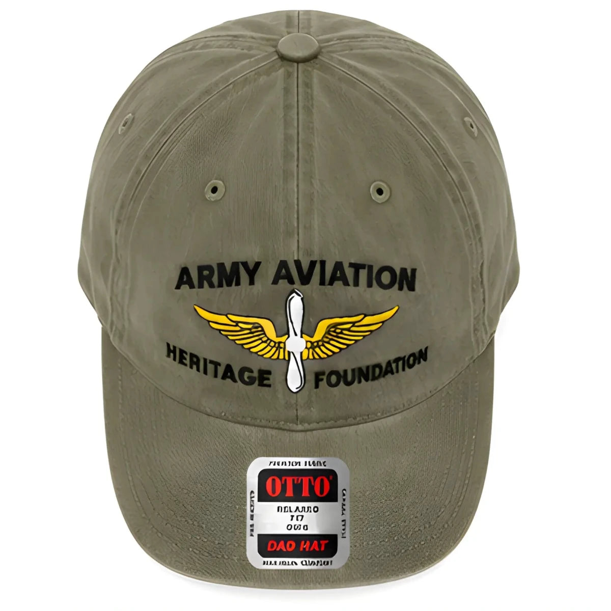 Green Army Aviation Heritage Foundation Dad Hat - SearchPify - Green cap with 'Army Aviation Heritage Foundation' logo and 'OTTO' label on a white background