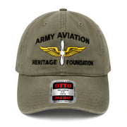 Green Army Aviation Heritage Foundation Dad Hat - SearchPify - Khaki cap with 'Army Aviation Heritage Foundation' logo and 'OTTO' label on a white background