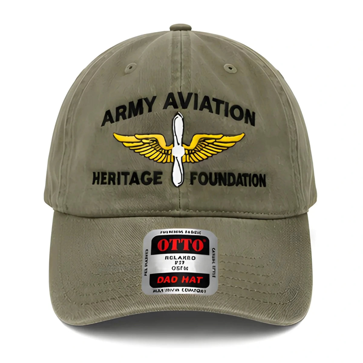 Green Army Aviation Heritage Foundation Dad Hat - SearchPify - Khaki cap with 'Army Aviation Heritage Foundation' logo and 'OTTO' label on a white background
