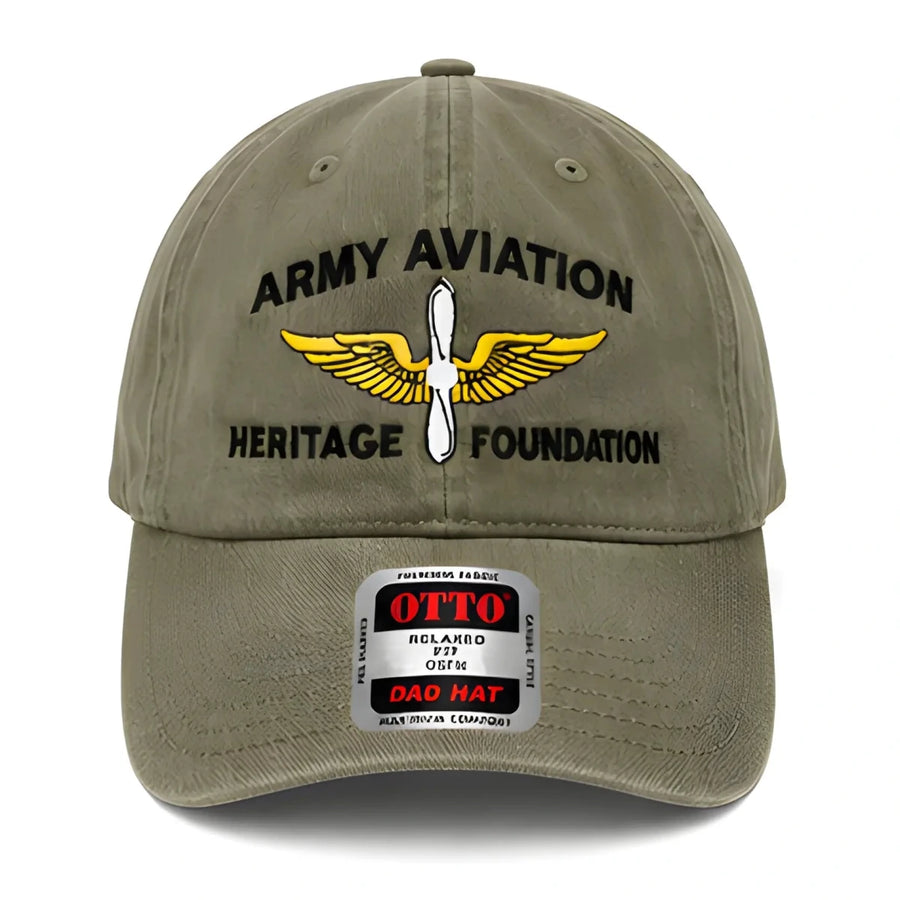 Green Army Aviation Heritage Foundation Dad Hat - SearchPify - Khaki cap with 'Army Aviation Heritage Foundation' logo and 'OTTO' label on a white background