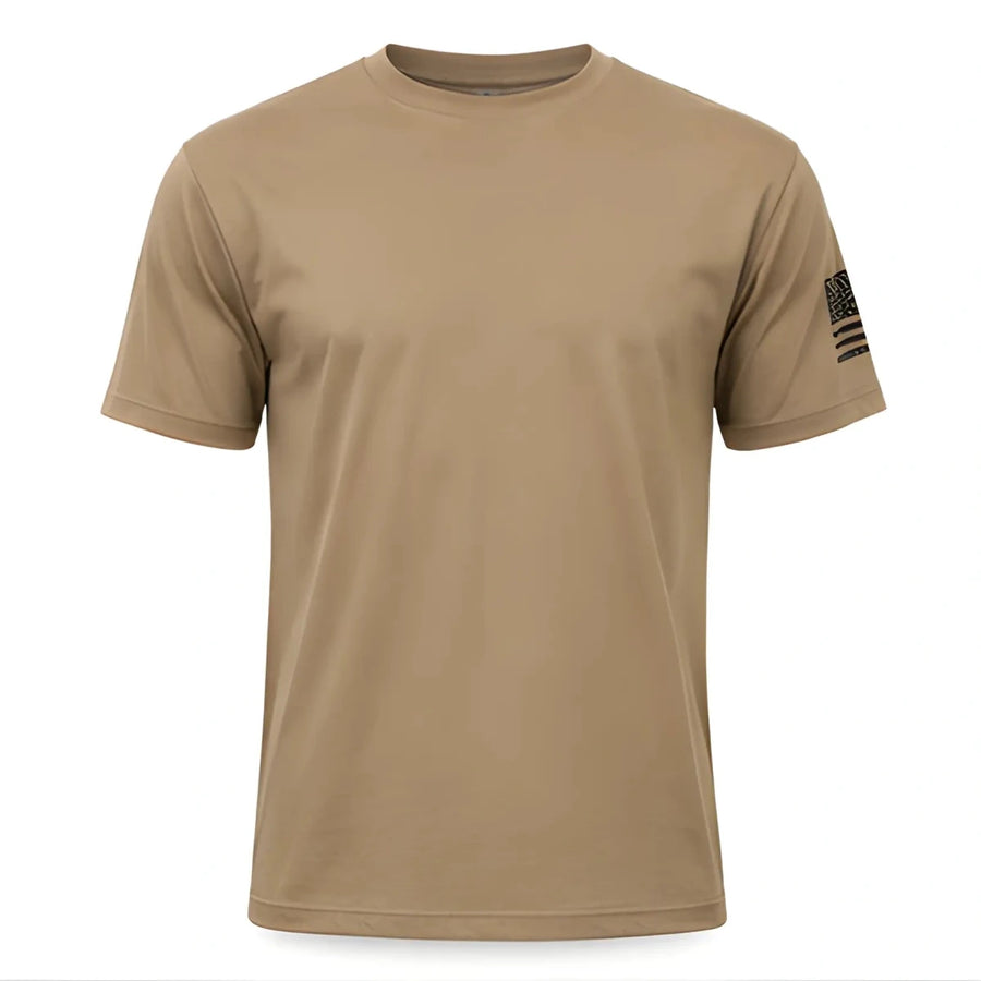 Sky Soldiers Short-Sleeve T-Shirt - SearchPify - Tan t-shirt with a sleeve patch on a white background
