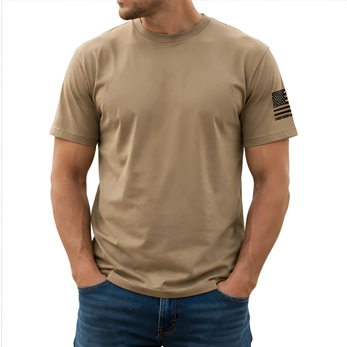 Sky Soldiers Short-Sleeve T-Shirt - SearchPify - Man wearing a beige t-shirt with a flag patch on a white background