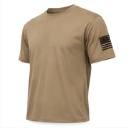 Sky Soldiers Short-Sleeve T-Shirt - SearchPify - Tan t-shirt with a black flag patch on the sleeve against a white background