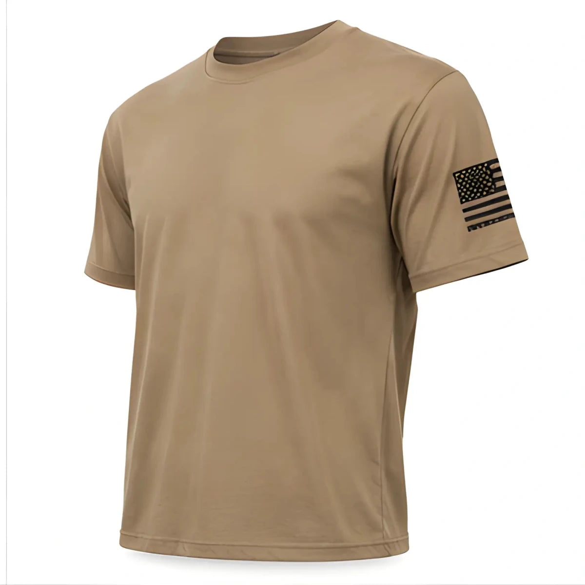 Sky Soldiers Short-Sleeve T-Shirt - SearchPify - Tan t-shirt with a black flag patch on the sleeve against a white background