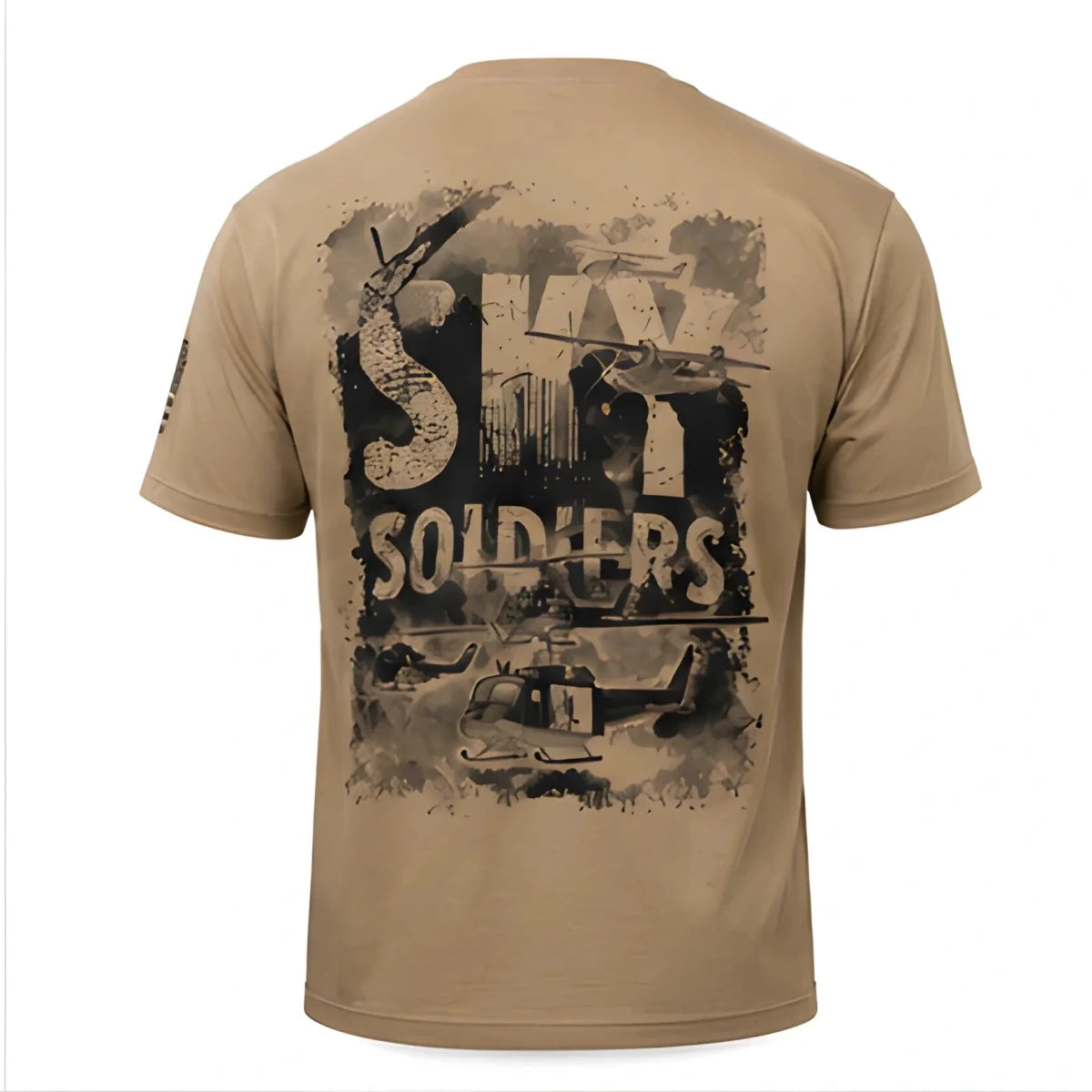 Sky Soldiers Short-Sleeve T-Shirt - SearchPify - Tan t-shirt with 'SKY SOLDIERS' graphic design on a white background