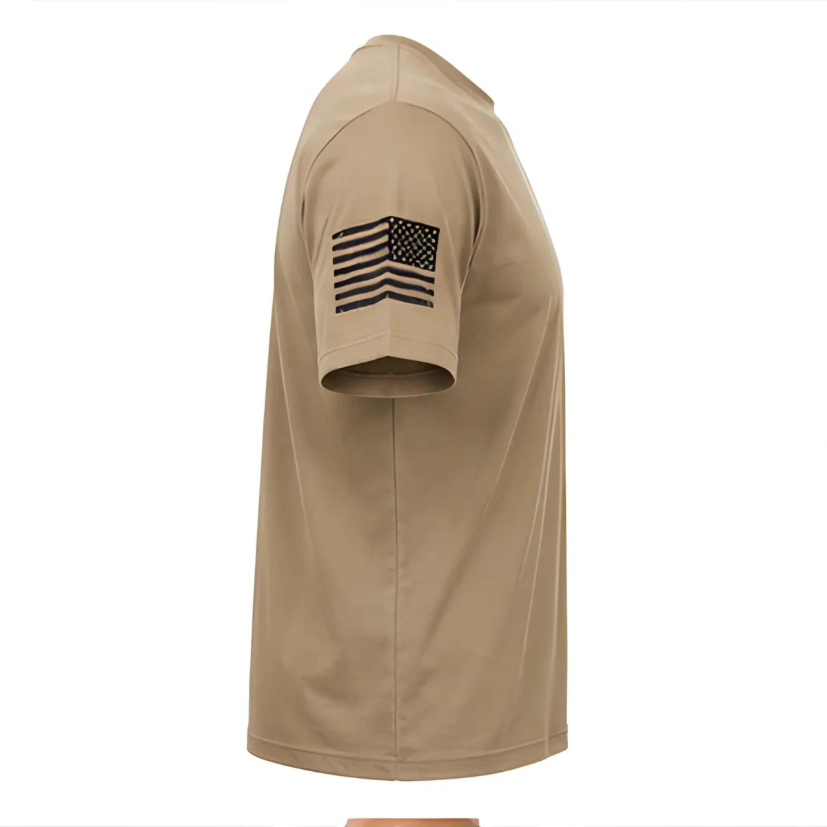 Sky Soldiers Short-Sleeve T-Shirt - SearchPify - Tan t-shirt with American flag patch on sleeve against a white background