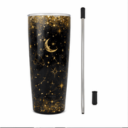 20 oz Constellation Tumbler - SearchPify - Elizabeth’s Jewelry & Creations Black tumbler with gold star and moon design, accompanied by a metal straw and lid on a white background.