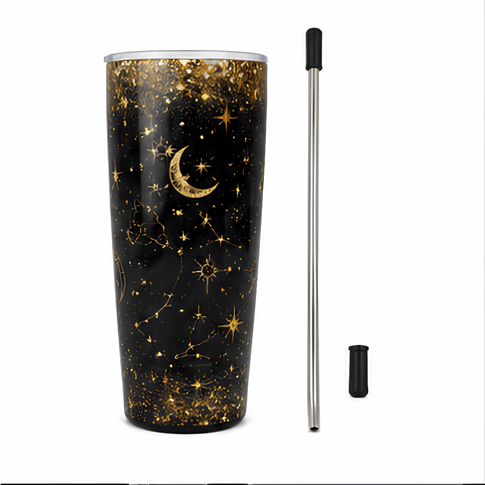 20 oz Constellation Tumbler - SearchPify - Elizabeth’s Jewelry & Creations Black tumbler with gold star and moon design, accompanied by a metal straw and lid on a white background.
