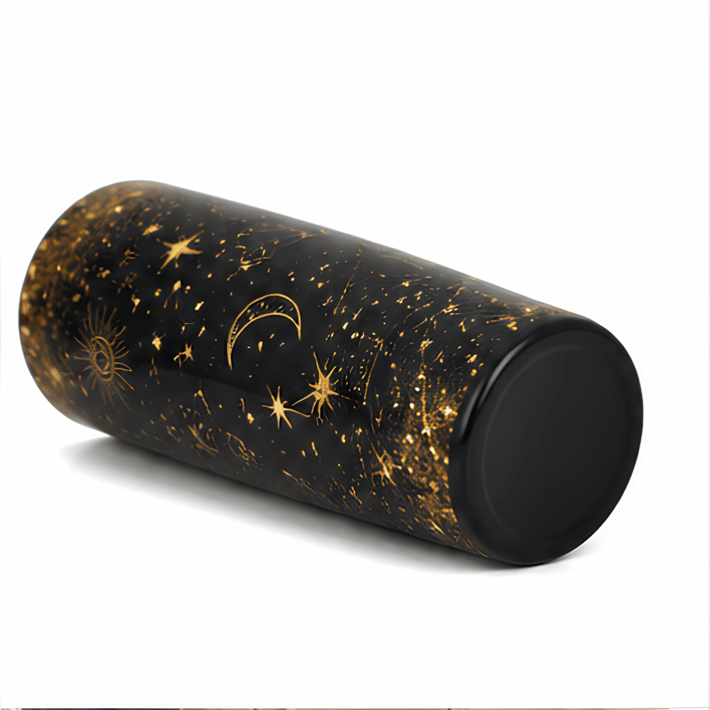 20 oz Constellation Tumbler - SearchPify - Elizabeth’s Jewelry & Creations Black cylindrical product with celestial designs on a white background