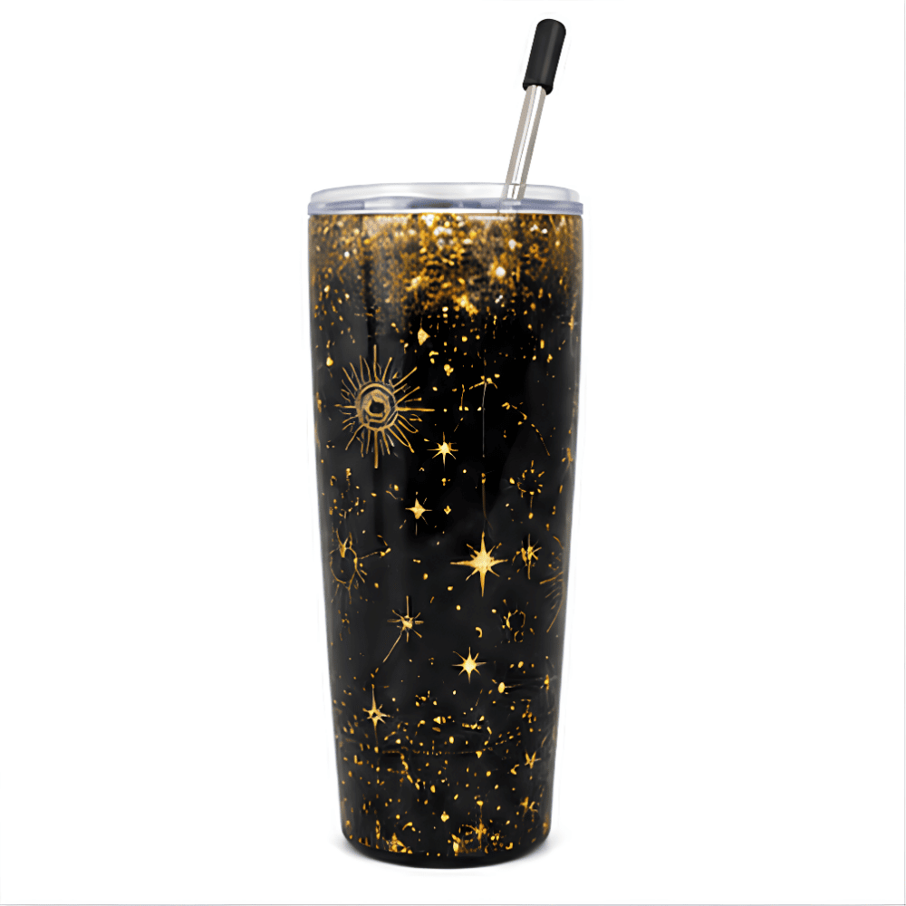 20 oz Constellation Tumbler - SearchPify - Elizabeth’s Jewelry & Creations Black tumbler with gold star and moon design on a white background