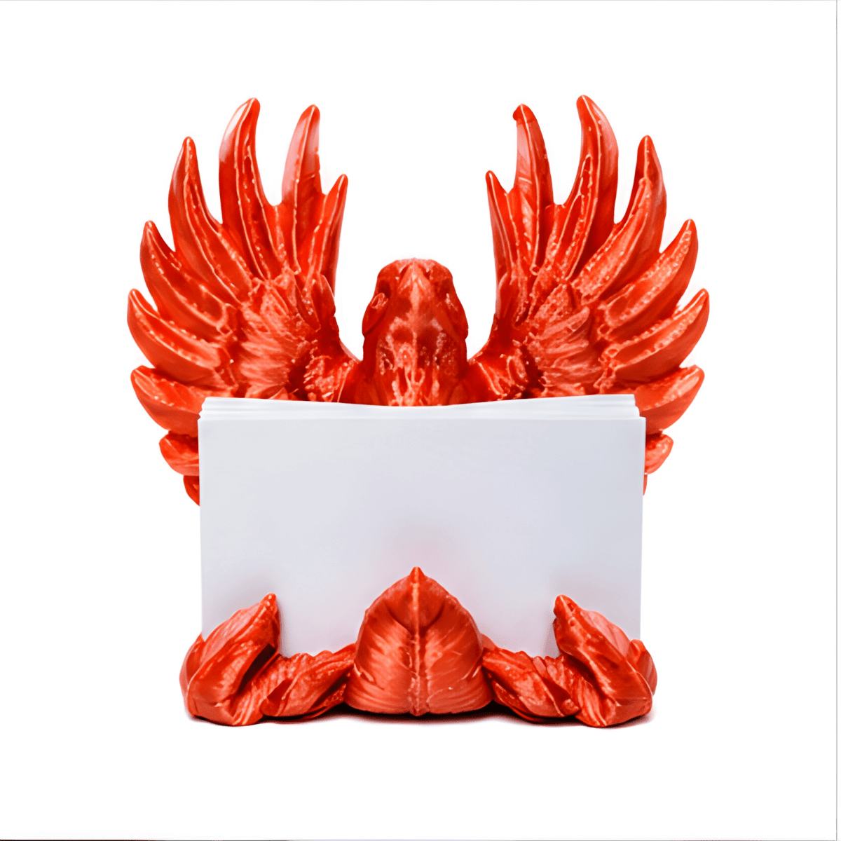 3D-Printed Business Card Holder - SearchPify - Red bird-shaped holder with a white card on a white background
