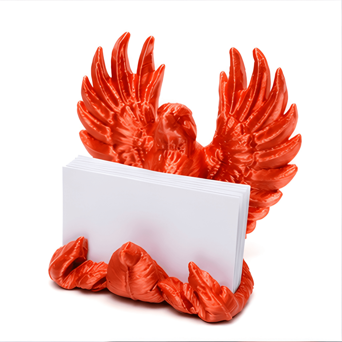 3D-Printed Business Card Holder - SearchPify - Red eagle-shaped holder with a white card on a white background