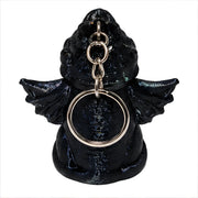 3D-Printed Dragon Keychain Storage Container - SearchPify - Black angel figurine with wings holding a silver ring on a white background
