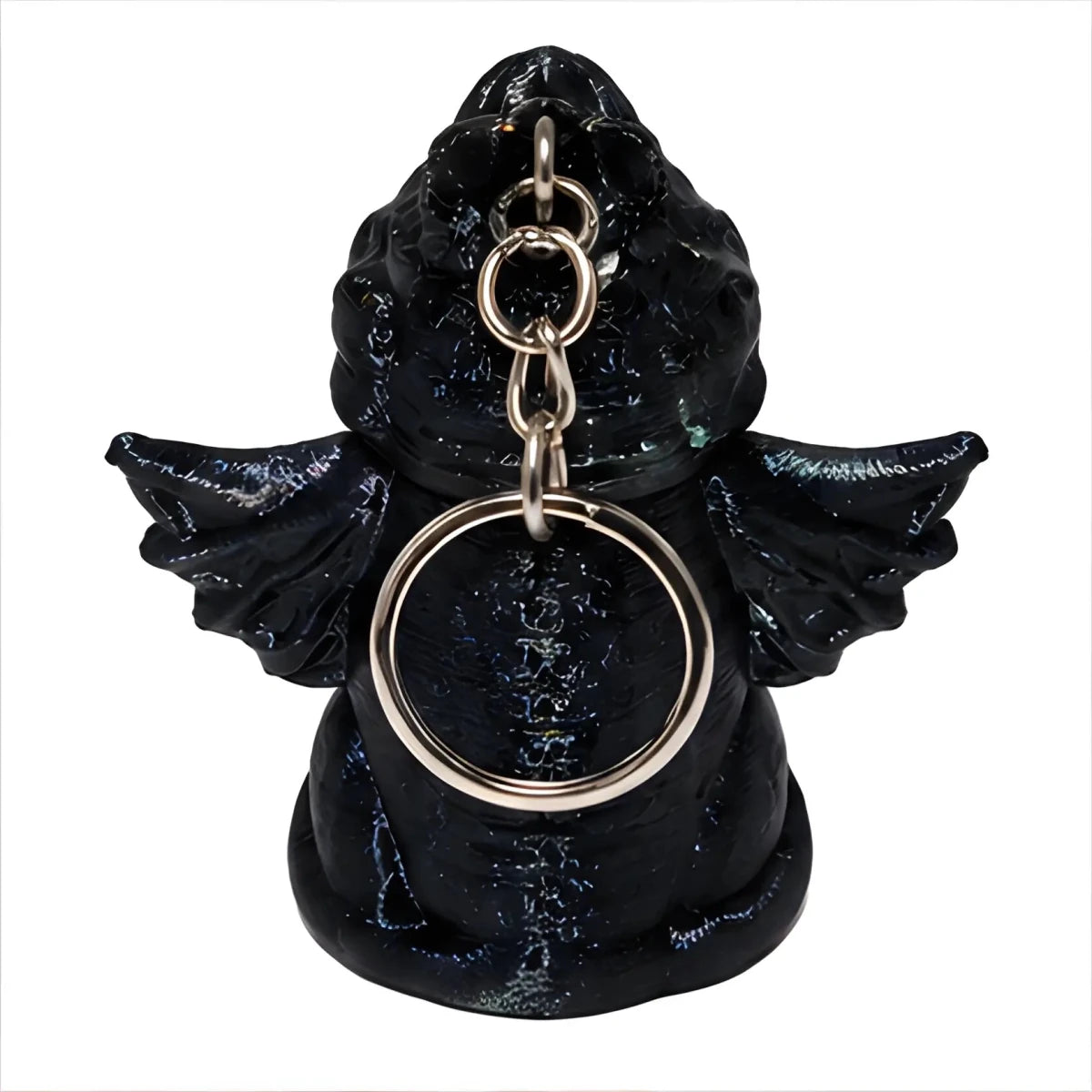 3D-Printed Dragon Keychain Storage Container - SearchPify - Black angel figurine with wings holding a silver ring on a white background