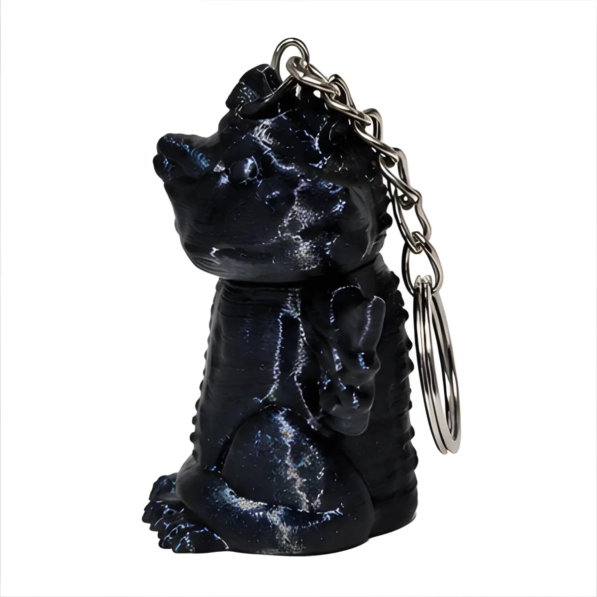 3D-Printed Dragon Keychain Storage Container - SearchPify - Black dragon-shaped keychain with a metallic ring on a white background
