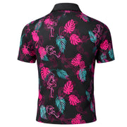 Electric Flamingo Youth/Teen Golf Polo - SearchPify - Black polo shirt with pink and green leaf pattern on a white background
