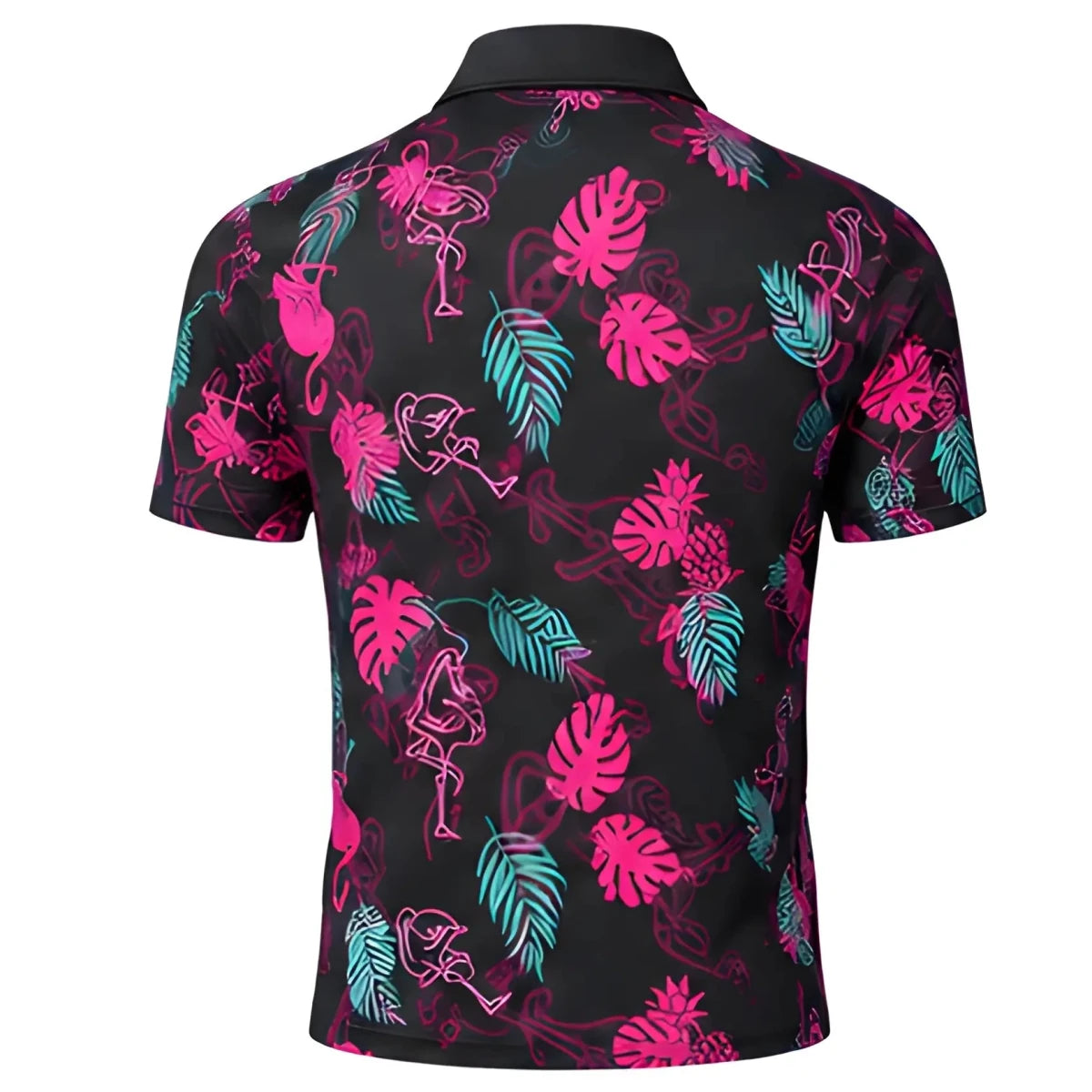 Electric Flamingo Youth/Teen Golf Polo - SearchPify - Black polo shirt with pink and green leaf pattern on a white background
