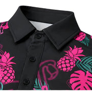 Electric Flamingo Youth/Teen Golf Polo - SearchPify - Black shirt with pink pineapple and leaf pattern on a white background