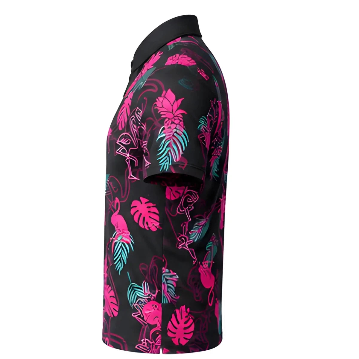 Electric Flamingo Youth/Teen Golf Polo - SearchPify - Black polo shirt with pink and green floral patterns on a white background