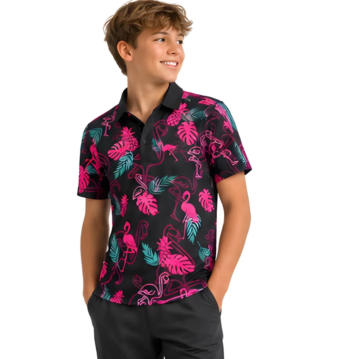 Electric Flamingo Youth/Teen Golf Polo - SearchPify - Child wearing a colorful patterned shirt with flamingos and leaves on a white background