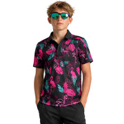 Electric Flamingo Youth/Teen Golf Polo - SearchPify - Person wearing a black polo shirt with colorful flamingo and leaf pattern on a white background
