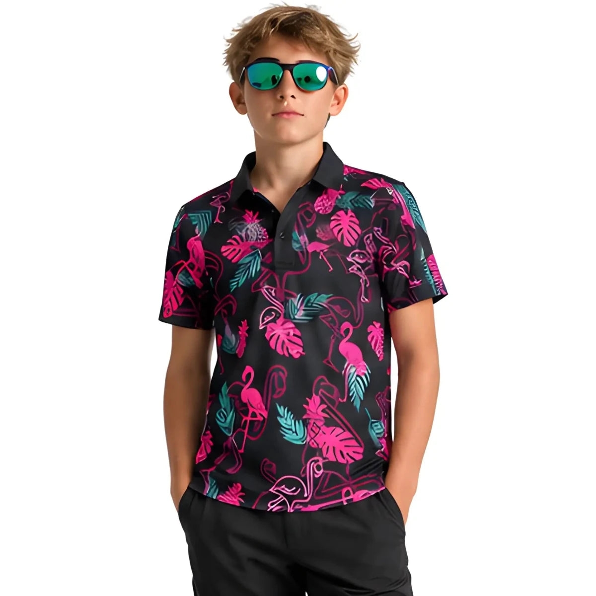 Electric Flamingo Youth/Teen Golf Polo - SearchPify - Person wearing a black polo shirt with colorful flamingo and leaf pattern on a white background