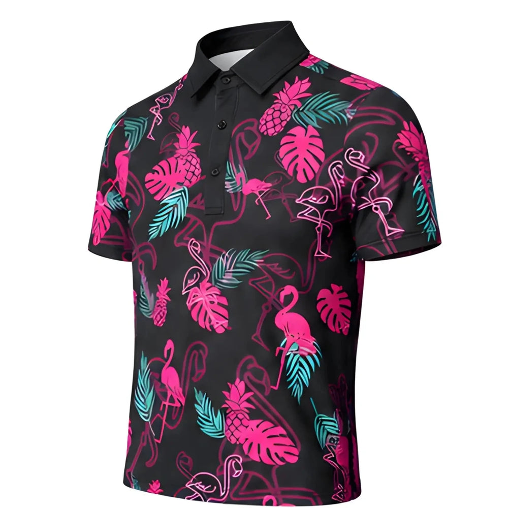 Electric Flamingo Youth/Teen Golf Polo - SearchPify - Black polo shirt with pink and green flamingo and leaf pattern on a white background