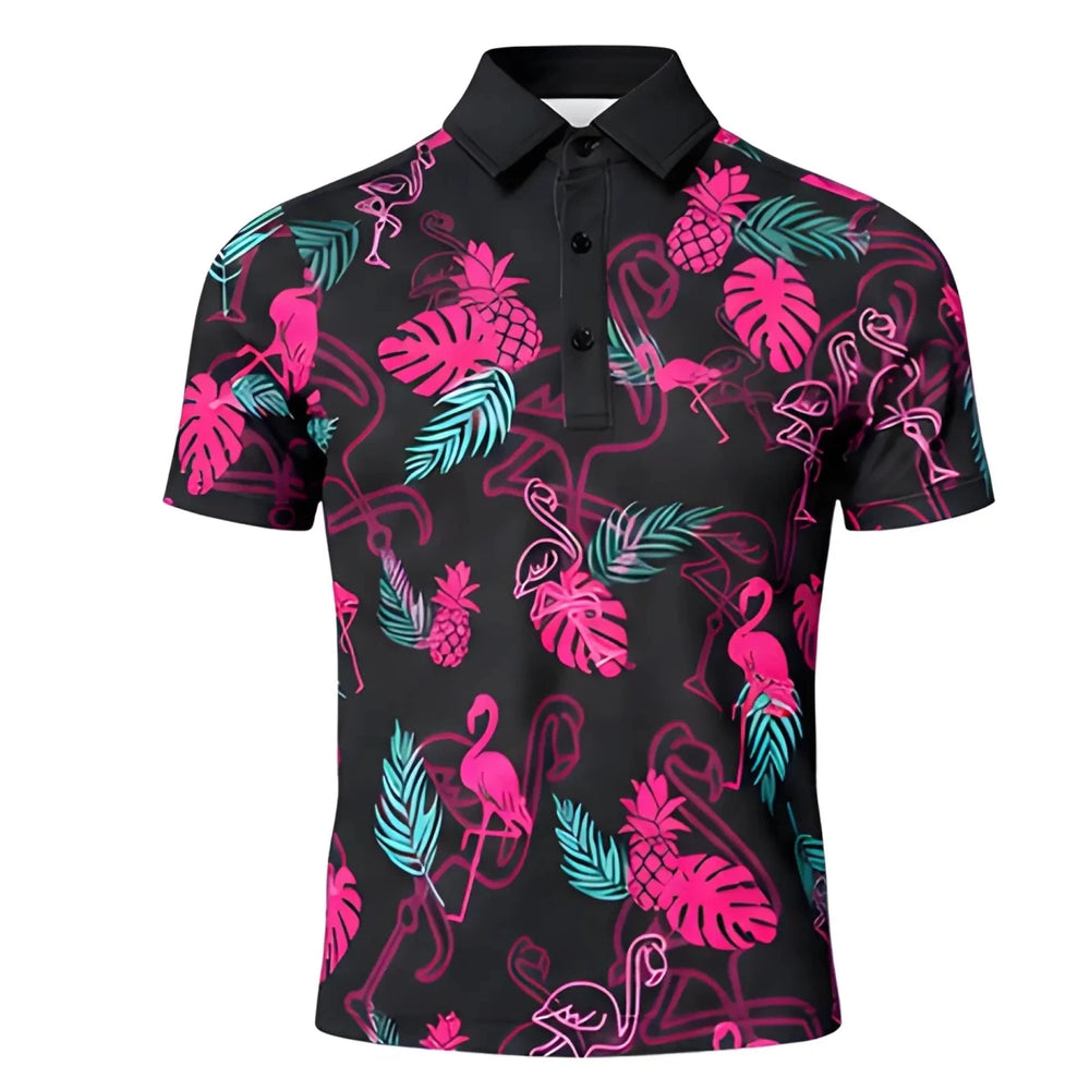 Electric Flamingo Youth/Teen Golf Polo - SearchPify - Black polo shirt with colorful flamingo and leaf pattern on a white background