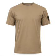 Tan t-shirt with a sleeve patch on a white background